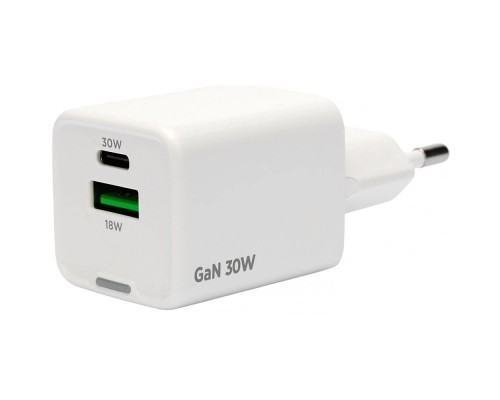 [Аксессуар] Cablexpert зарядное устройство 30Вт GaN, 3А, QC4.0/PD, 1xUSB, 1xType-C, белый, пакет (MP3A-PC-63)
