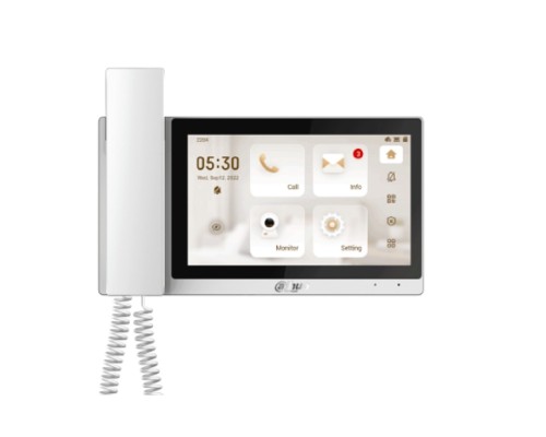 [Видеодомофоны] DAHUA DHI-VTH5421EW-H Монитор видеодомофона IP 7-и дюймовый, с трубкой, белый, ёмкостной сенсорный экран, поддержка micro-SD до 32Гб, питание DC 12В/PoE