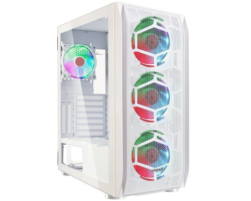 [корпус] Ginzzu GL 390 боковая дверца закаленное стекло на петлях на магнитах, controller CRC10, 4* 12R6W FAN 12CM RGB Белый