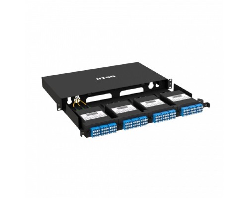 [Кросс, патч панель, адаптер] NTSS Кросс распределительный стоечный выдвижной 19” NTSS PREMIUM 1U, 4 кассеты MTP, черный NTSS-RsFOB-PM-1U-C04-MTP-BL