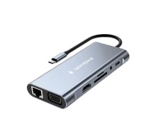 Gembird Док-станция Type-C 10в1: 3xUSB3.1, PD87W, Jack3.5, SD/TF, HDMI, RJ45, VGA, кабель15см (UHB-D4)