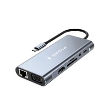 Gembird Док-станция Type-C 10в1: 3xUSB3.1, PD87W, Jack3.5, SD/TF, HDMI, RJ45, VGA, кабель15см (UHB-D4)