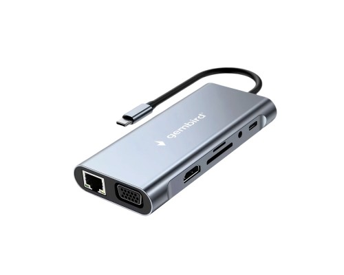 [Контроллер] Gembird Док-станция Type-C 10в1: 3xUSB3.1, PD87W, Jack3.5, SD/TF, HDMI, RJ45, VGA, кабель15см (UHB-D4)