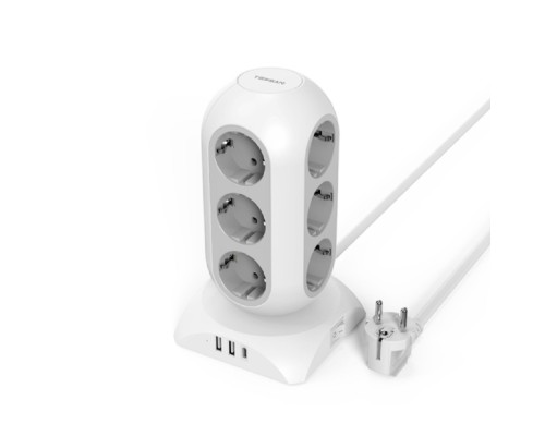 [Тессан сетевые фильтры] TESSAN TPS02-DE-C Сетевой фильтр с 12 розетками 220В, 2 USB-A портами, 1 USB-C портом и переключателем {80004242}