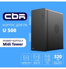 CBR Корпус ATX Miditower U500, без БП, 1*USB 3.0 Type-C, 1*USB 3.0, 1*USB 2.0, HD Audio+Mic, Black [PCC-ATX-U500-WPSU]