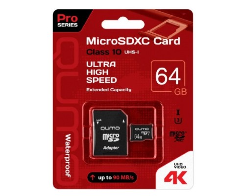[Карта памяти ] Micro SecureDigital 64Gb QUMO QM64GMICSDXC10U3BL {MicroSDXC Class 10 UHS-I, SD adapter}