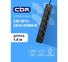 CBR Сетевой фильтр CSF SP-5-2A1C-018M-B, 10A, 5 евророзеток, 2x USB Type-A 2.0, 1x USB Type-C, 3x0.75мм2, 1.8 м, чёрный