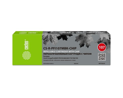 [расходные материалы] Картридж перезаправляемый струйный Cactus CS-R-PFI107MBK-CHIP черный матовый (260мл) для Canon imageProGRAF iPF670/680/685/770/780/785 с чипом