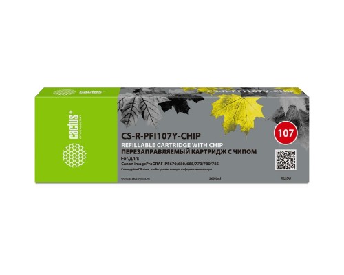 [расходные материалы] Картридж перезаправляемый струйный Cactus CS-R-PFI107Y-CHIP желтый (260мл) для Canon imageProGRAF iPF670/680/685/770/780/785 с чипом