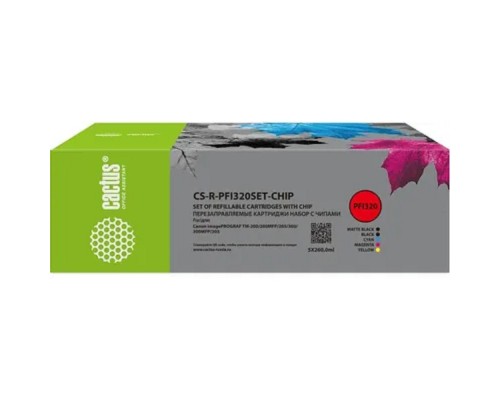[расходные материалы] Картридж перезаправляемый струйный Cactus CS-R-PFI320SET-CHIP набор 5шт.упак. для Canon imagePROGRAF TM-200/200MFP/205/300/300MFP/305/250/255/350/355 с чипом