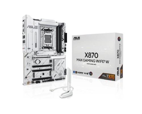 [Материнская плата] ASUS X870 MAX GAMING WIFI7 W(SocketAM5, ATX, 4xDDR5(256GB), HDMI, 1xPCIe5.0x16/2xPCIe4.0x16/1xPCIe3.0x16, 1xLAN (2.5GbE), Wi-Fi 7, BT, 4xSATA 6Gb/s, 3xM.2, 2xUSB4 Type-C, 4xUSB 3.2, 4xUSB 2.0) white
