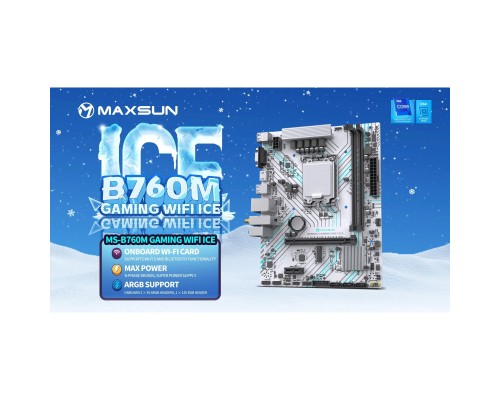 [Материнская плата] MAXSUN MS-B760M GAMING WIFI ICE (Socket 1700, mATX, 2*DDR4(64Gb), VGA/HDMI, 3*SATA3, 1*M.2, 1*PCIEx16/1*PCIEx1, 2*USB2.0, 4*USB 3.2, LAN 1*1G, Bluetooth,  Wi-Fi 802.11ac, ARGB, white, RTL)