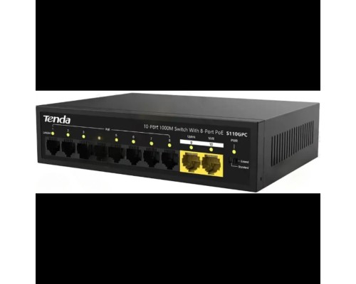 [Сетевое оборудование] TENDA S110GPC Коммутатор неуправляемый PoE, 10 портов, 8x100 Мбит/с, 2х1 Гбит/с, PoE 8х30 Вт (до 80 Вт), настольный, металлический