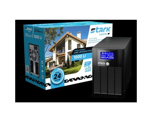 [STARK - ИБП 1ф (Однофазные)] ИБП STARK SC 1000 LI {1000ВА/600Вт, Line-Interactive, на пол, 140-300В, 4хЕВРО, Чистый синус, SNMP, AS400, БЕЗ АКБ - внешние батарея х1 9-400Ач}