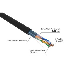 Rexant (02-0027-R) Кабель витая пара F/UTP, CAT 5e, PE, 4х2х0,52 мм, 24AWG, OUTDOOR, SOLID, черный, 305м, РФ