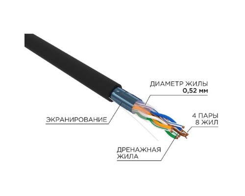 [Экранированная витая пара FTP (бухты)] Rexant (02-0027-R) Кабель витая пара F/UTP, CAT 5e, PE, 4х2х0,52 мм, 24AWG, OUTDOOR, SOLID, черный, 305м, РФ