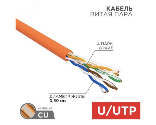 [Экранированная витая пара FTP (бухты)] Rexant (01-0049-R) Кабель витая пара U/UTP, CAT 5e, ZH нг(А)-HF, 4PR, 24AWG, INDOOR, SOLID, оранжевый, 305м, РФ