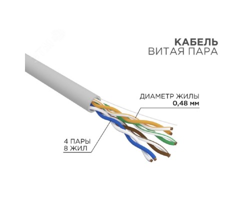 [Экранированная витая пара FTP (бухты)] Rexant (01-0059-R) Кабель витая пара U/UTP, CAT 5e, ZH нг(А)-HF, 4PR, 24AWG, INDOOR, SOLID, серый, 305м, серия LIGHT РФ