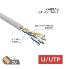 Rexant (02-0004-R) Кабель витая пара U/UTP, CAT 5е, ZH нг(А)-HF, 4x2x0,52 мм, 24AWG, INDOOR, SOLID, серый, 305м, РФ