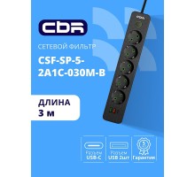 CBR Сетевой фильтр CSF SP-5-2A1C-030M-B, 10A, 5 евророзеток, 2x USB Type-A 2.0, 1x USB Type-C, 3x0.75мм2, 3 м, чёрный