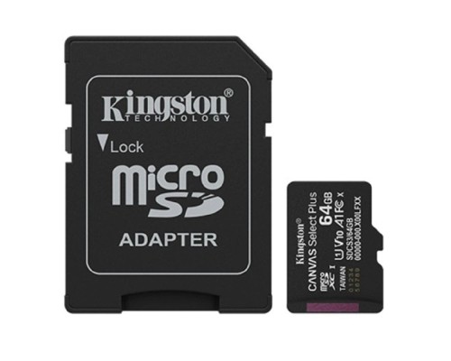 [Карта памяти ] Micro SecureDigital 64GB Kingston Canvas Select Plus, UHS-I, U3, V30, A2, с адаптером