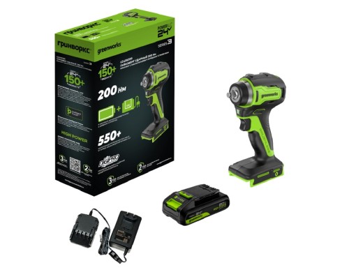 [Дрели, Шуруповерты, Гайковерты] Greenworks G24IW200 Гайковерт ударный аккумуляторный, 24V, 200 Нм, бесщеточный, 3/8', 1х2Ач,ЗУ,кор [3803607CUA]