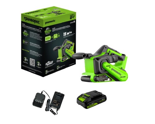 [Углошлифовальные, Шлифовальные машины, Реноватор] Greenworks G24BS Ленточная шлифовальная машина бесщеточная аккумуляторная, 24V, 75х457мм, 259 м/мин,1х2Ач,ЗУ,кор [3100607CUA]