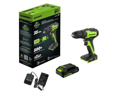 [Дрели, Шуруповерты, Гайковерты] Greenworks GD24DD35 Дрель-шуруповерт аккумуляторная, 24V, б/щет, 29/35Нм,1х2Ач,ЗУ,кор [3704007CUA]