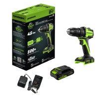 Greenworks DD345, 24V, Дрель-шуруповерт аккумуляторная, бесщеточная, 27/45 Нм,13мм,1х2Ач,ЗУ,кор  [3708307CUA]