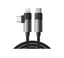 Rexant (18-7095) Кабель 2в1 Type-C, Type-C, Lightning 65Вт, 1м, в черной нейлоновой оплетке 