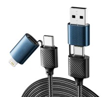 Rexant (18-7094) Кабель 4в1 USB-A, Type-C, Type-C, Lightning 65Вт, 1м, в черной нейлоновой оплетке 