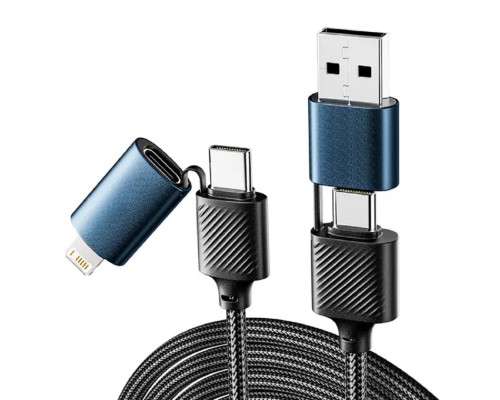 [Кабели] Rexant (18-7094) Кабель 4в1 USB-A, Type-C, Type-C, Lightning 65Вт, 1м, в черной нейлоновой оплетке 