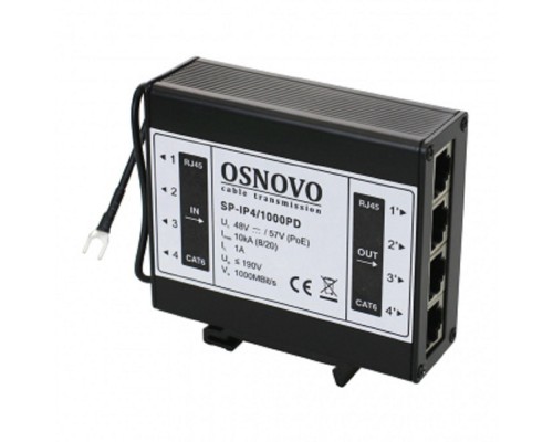 [Коммутаторы, модули, беспроводное оборудование] SP-IP4/1000PD Устройство грозозащиты для локальной вычислительной сети на 4 порта (скорость до 1000 Мбит/с) с защитой линий PoE (802.