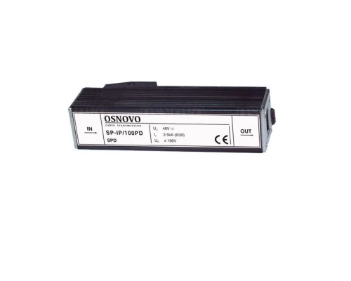 [Коммутаторы, модули, беспроводное оборудование] SP-IP/100PD Устройство грозозащиты для локальной вычислительной сети (скорость до 100Мбит/с) с защитой линий PoE (af/at, метод B, контакты 4/5, 7/8), двухуровневая защита.