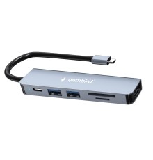Gembird Док-станция Type-C 6в1: USB3.1, PD100W, SD/TF, USB2.0, HDMI, кабель 16см, алюминий (UHB-D9)