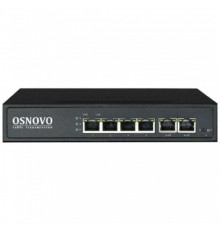 Коммутатор/ OSNOVO PoE коммутатор 6 портов, 4 PoE порта 10/100 Base-T, 2*10/100 Base-T Uplink, до 30W на порт, суммарно до 80W (SW-20600(80W))