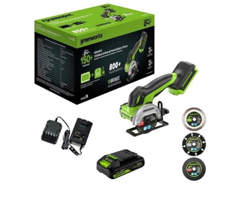 [Углошлифовальные, Шлифовальные машины, Реноватор] Greenworks Углошлифовальная машина аккумуляторная GD24UCS, 24V, б/щет, 20000 об/мин,76 мм, рез 18 мм,1х2Ач,ЗУ,кор [3402007CUA]