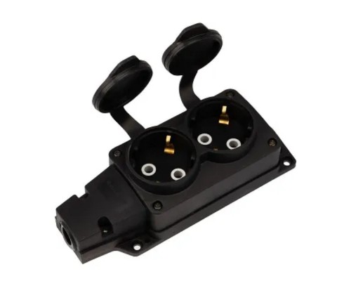 [Smartbuy Вилки, Разъемы силовые, Колодки] Rexant (111-222) Розетка (колодка) влагозащищенная с крышкой 2 гнезда COMPACT, с/з, 16А, IP54, каучук, черная