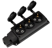 Rexant (111-223) Розетка (колодка) влагозащищенная с крышкой 3 гнезда COMPACT, с/з, 16А, IP54, каучук, черная