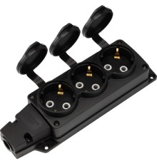 Rexant (111-223) Розетка (колодка) влагозащищенная с крышкой 3 гнезда COMPACT, с/з, 16А, IP54, каучук, черная