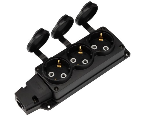 [Smartbuy Вилки, Разъемы силовые, Колодки] Rexant (111-223) Розетка (колодка) влагозащищенная с крышкой 3 гнезда COMPACT, с/з, 16А, IP54, каучук, черная