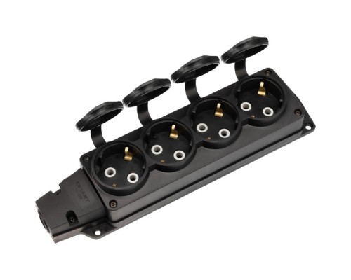 [Smartbuy Вилки, Разъемы силовые, Колодки] Rexant (111-224) Розетка (колодка) влагозащищенная с крышкой 4 гнезда COMPACT, с/з, 16А, IP54, каучук, черная