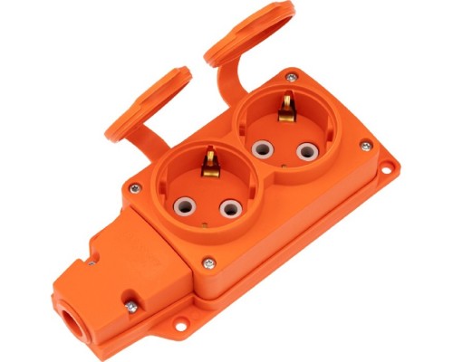 [Smartbuy Вилки, Разъемы силовые, Колодки] Rexant (111-226) Розетка (колодка) влагозащищенная с крышкой 2 гнезда COMPACT, с/з, 16А, IP54, каучук, оранжевая
