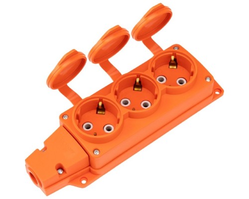 [Smartbuy Вилки, Разъемы силовые, Колодки] Rexant (111-227) Розетка (колодка) влагозащищенная с крышкой 3 гнезда COMPACT, с/з, 16А, IP54, каучук, оранжевая