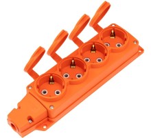 Rexant (111-228) Розетка (колодка) влагозащищенная с крышкой 4 гнезда COMPACT, с/з, 16А, IP54, каучук, оранжевая