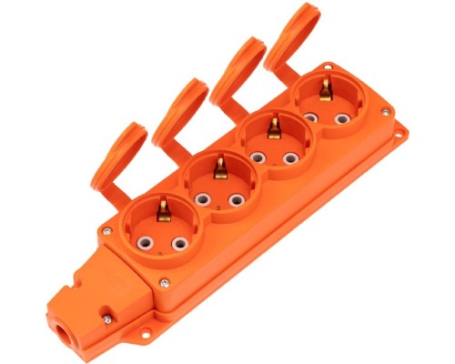 [Smartbuy Вилки, Разъемы силовые, Колодки] Rexant (111-228) Розетка (колодка) влагозащищенная с крышкой 4 гнезда COMPACT, с/з, 16А, IP54, каучук, оранжевая