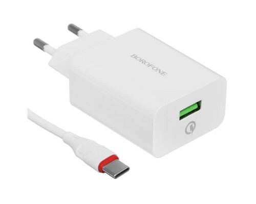 [Аксессуар] BOROFONE BA21A/ Сетевое ЗУ + Кабель Type-C 1m/ QC 3.0/ 1 USB/ Выход: 18W/ White