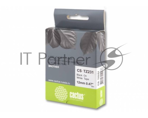 Лента Cactus CS-TZ231 для печати наклеек в устройствах Brother P-touch черный на белом 12мм х 8м