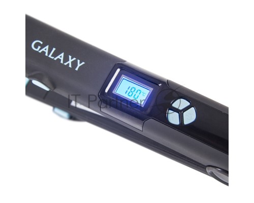 Щипцы для волос Galaxy GL 4505, голубой, 65 Вт, нагревательный элемент с защитой от перегрева, сменные пластины с керамическим покрытием: 89*27,5 мм и 89*57 мм, ЖК-дисплей с индикацией температуры, регулятор температурных режимов, шнур питания, вращающий