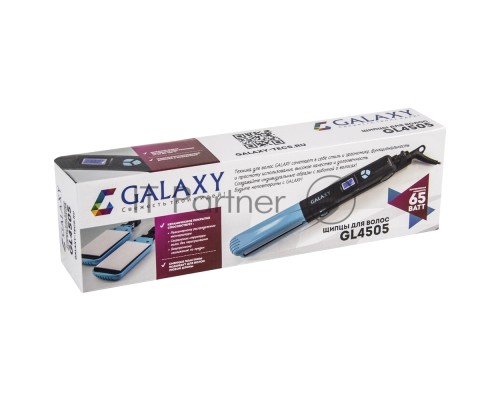 Щипцы для волос Galaxy GL 4505, голубой, 65 Вт, нагревательный элемент с защитой от перегрева, сменные пластины с керамическим покрытием: 89*27,5 мм и 89*57 мм, ЖК-дисплей с индикацией температуры, регулятор температурных режимов, шнур питания, вращающий